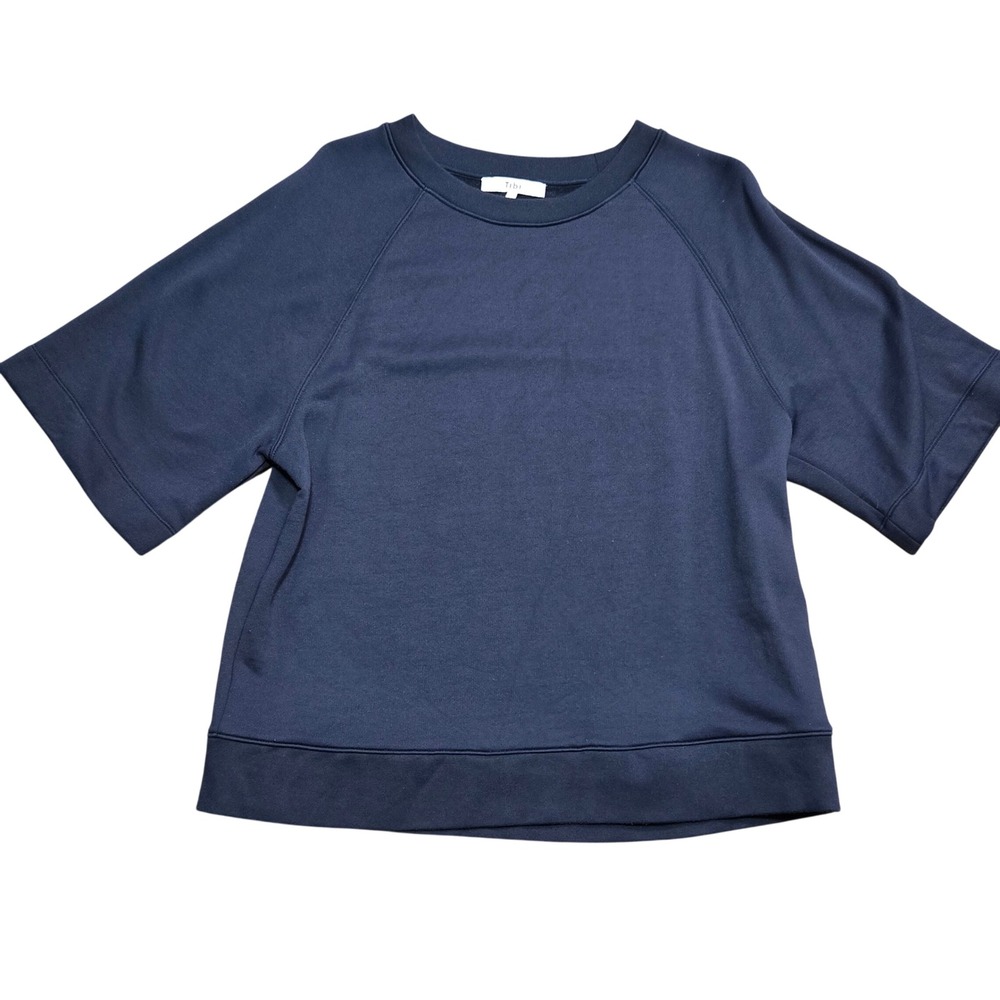 Tibi Navy Blue Short Sleeve Raglan Sweatshirt Size L Cotton Blend Crew Neck